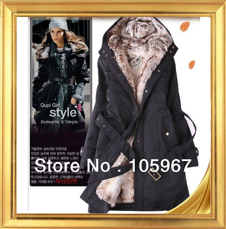 Hot Sale 2013 Faux fur lining women's winter warm long fur coat jacket clothes