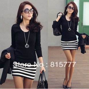 Hot Sale 2013 Long Sleeve Ladies Summer Dresses Women Korean fashion Slim Sexy Striped Mini OL Dress Skirt