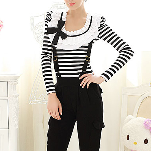 HOT SALE 2013 NEW ARRIVAL FASHION bowknot stripe lotus leaf collar T-shirt