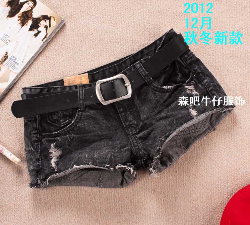 Hot sale 2013 new autumn and winter denim shorts hole plus size black shorts boot cut jeans pants with belt