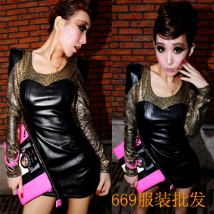 Hot sale 2013 NEW fashion women's slim faux leather serpentine pattern long-sleeve basic skirt slim hip sexy one-piece dress