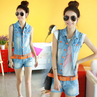 Hot sale 2013 new summer women's denim one-piece dress slim denim one piece shorts set