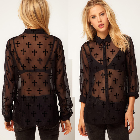 Hot Sale! 2013 Newwest Black Mesh Gauze Cross Flocking Sheer Through Print Long Sleeve Blouse Shirt XS-XXl Sizes Free Shipping