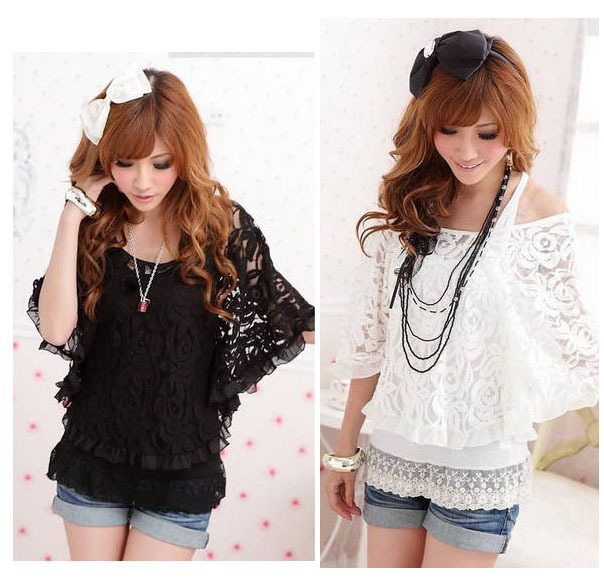 Hot sale 2013 spring and Autumn fashion Lace T-Shirt women off shoulder Batwing Loose Fit Tee  Long Sleeve Cotton blouses #9513
