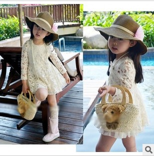 Hot sale!2013 Spring girls clothes chiffon beige characteristic Girls dress,lace girls princess dress style Free Shipping