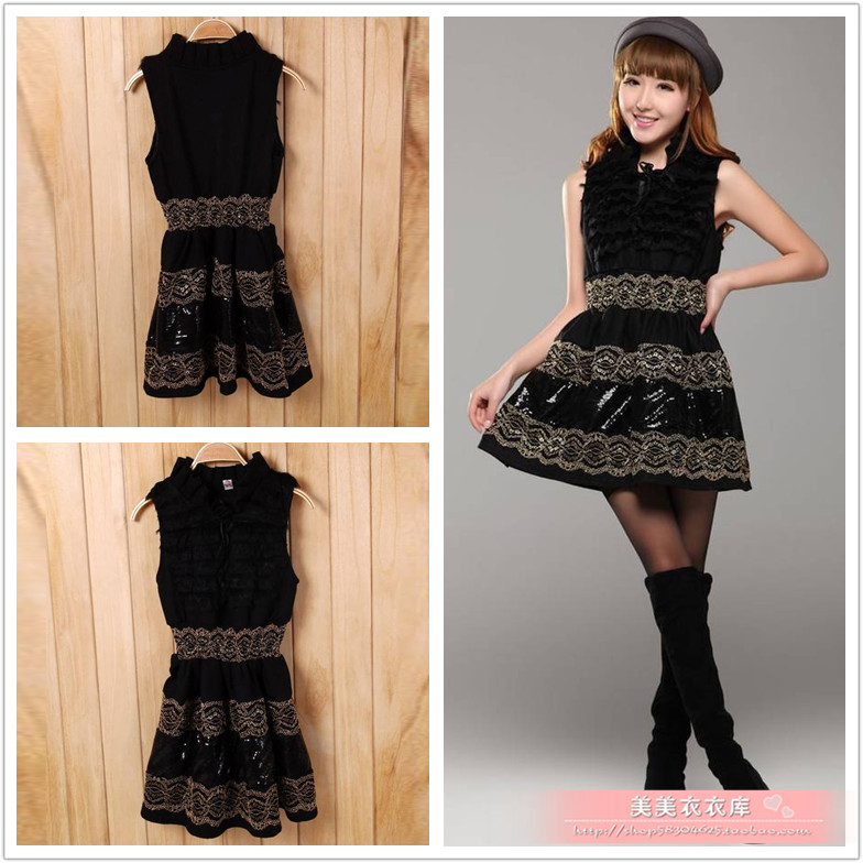 Hot sale 2013 spring leather ladies small cape hare wool patchwork wool woolen vest one-piece dress female
