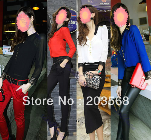 Hot Sale! 4 Colors Womens Long Sleeve Stand Collar Stitching Lace Blouse Chiffon Top Shirt