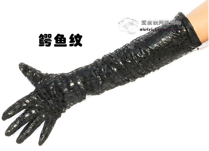 HOT SALE! 45cm Crocodile pattern genuine leather black gloves factory deputy cheap