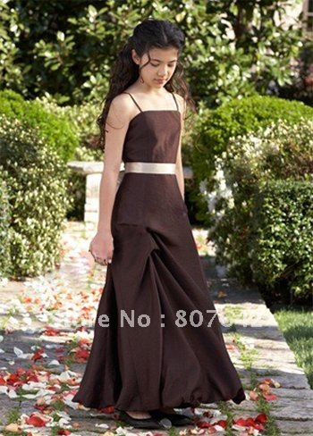 Hot Sale A-line Spaghetti Strap champagne Sash Coffe Color New Dress for Flower girl Sky-690 wholesale & retail