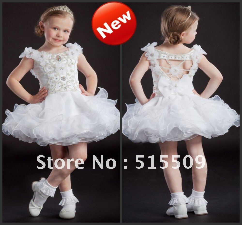 Hot Sale! Beautiful Cuty! White Organza Flower Girl Dress Pageant Dress Little Girls Bateau Ball Gown Mini-length Beads Crystal