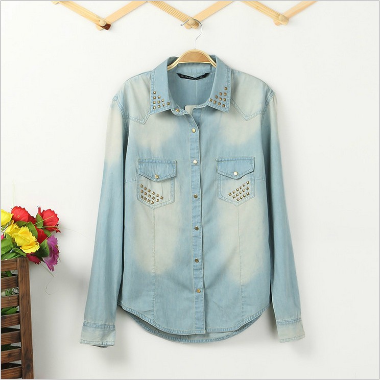 Hot Sale! Best Quality 2013 Fashion Women's Denim Blouses Vintage Rivet Denim Long Sleeve Shirt Tops 3size+2color Free Shipping