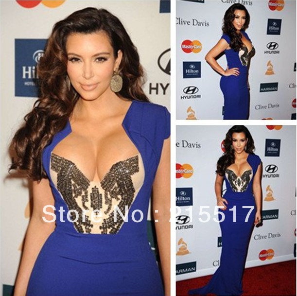 Hot Sale blue chiffon kim kardashian pre grammy celebrity dress