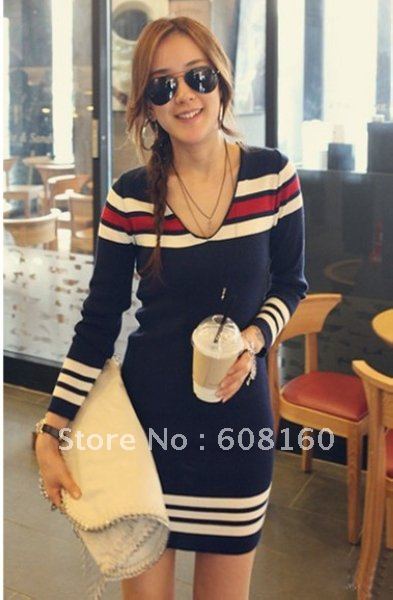 hot sale casual V neck long sleeve blue stripe tunic sweater dresses women sweaters free shipping
