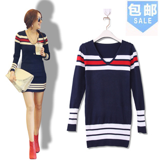 hot sale casual V neck long sleeve blue stripe tunic sweater dresses women sweaters free shipping  WZ8001