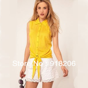 Hot Sale Chiffon Women's Fashion Ladies' Shirt Blouse Tie Sleeveless Summer Free Shipping