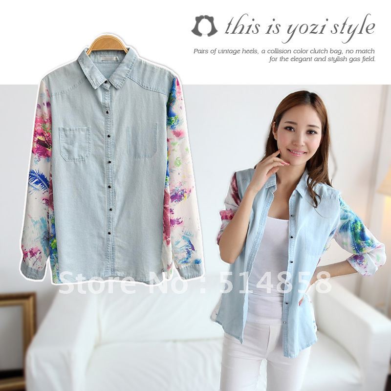 Hot sale clothing 2012 autumn new arrival slim vintage denim chiffon patchwork long-sleeve shirt