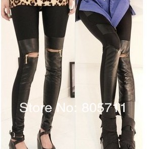 Hot Sale Cotton Imitation Leather Patchwork Knee Zipper Leggings Thicken Women's Fashion Legging