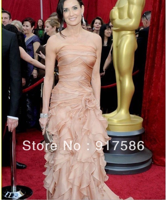 Hot Sale Demi Moore Princess Mermaid Strapless Flower Ruffles Layers Red Carpet Celebrity Dresses Evenign Dress