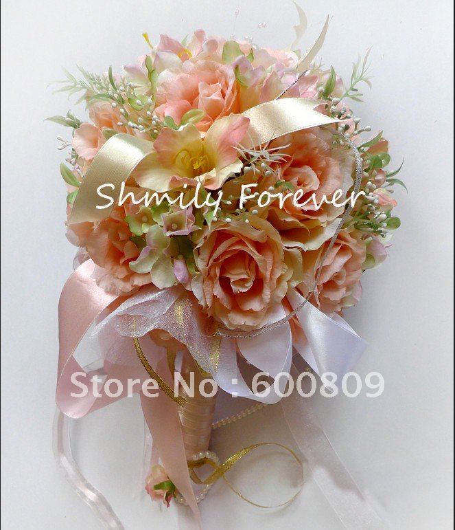 Hot sale!! Elegent Champagne Artificial Flower Wedding Bridal Bouquet For Wedding