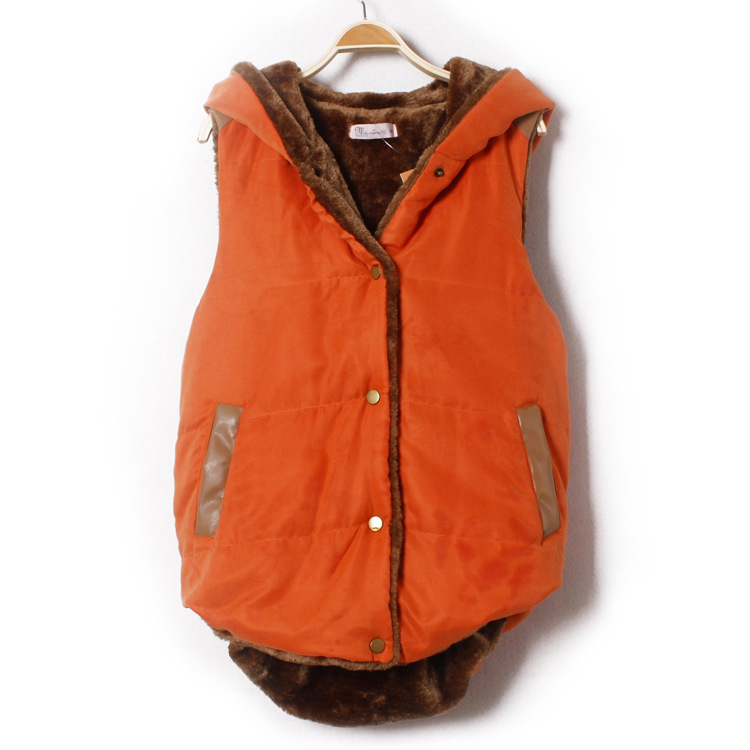 Hot sale Fashion brief loose hooded vintage PU patchwork cotton-padded jacket vest female khaki olive beige