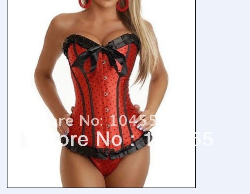 Hot Sale Fashion Classic Image Changed Black Dots & Stripes Red Corset Free Shipping