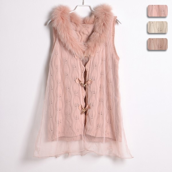 Hot sale Fashion rabbit fur gauze PU patchwork cutout medium-long cardigan sweater sleeveless vest female