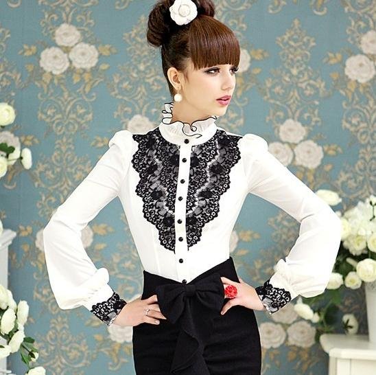 Hot Sale Fashion Vintage Womens' Sexy Lace Ruffles Long-Sleeved Blouse t Shirt elegant quality tops, Size S-L