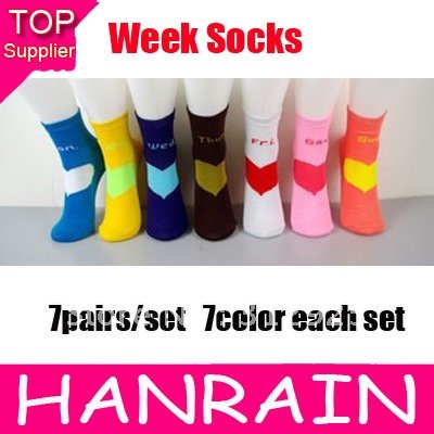 Hot sale female Soft Cotton Home Socks English Letter week Cute Beautiful Loving heart 7 color 100set=700pair/lot