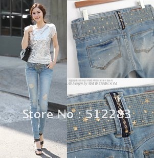 Hot Sale!Free shipping/ jeans woman/Autumn and winter hole in pants feet/Free Belt/jeans/3083/blue jeans