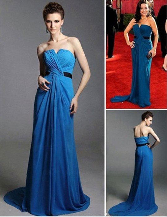 Hot Sale Free Shipping Julia Louis-Dreyfus Sheath Column Strapless Sweep Brush Train Emmy Evening Dress