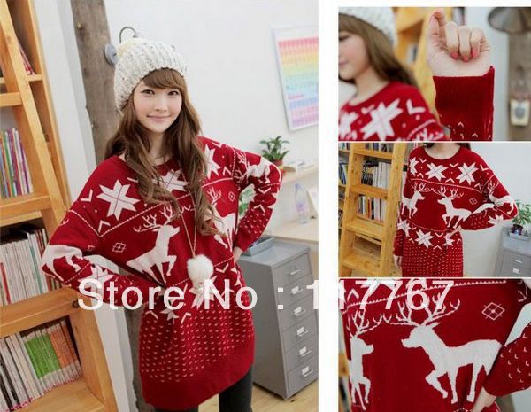Hot Sale Free Shipping Korean Women's Red Christmas Snowflake Loose Knitted Sweater Jumpers 650465
