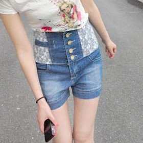 Hot sale! Free shipping Lace high  Waist  slim denim shorts vintage Skinny Hot Shorts wholesale and retail
