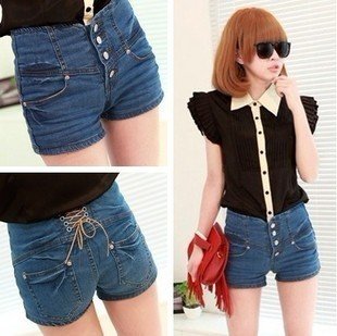 Hot sale! Free shipping Summer four buckle high waist denim shorts Rope decorative at back, wholesale and retail