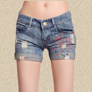 Hot sale! Free shipping Summer new graffiti crimping hole leisure loose large denim shorts, womens shorts