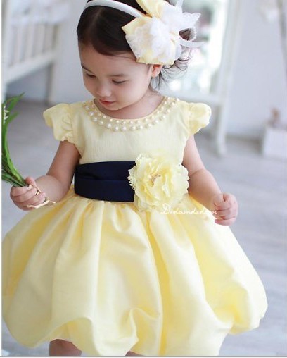 HOT SALE!!! Free Shipping! Wholesale New Fashion cute Flower Girl Dresses girls Bright yellow party dress with belt 4pcs/lot