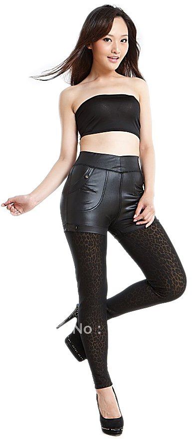 HOT SALE! Free shipping Women's legging two piece short leather pants sexy leopard print thickening winter warm pants for woman