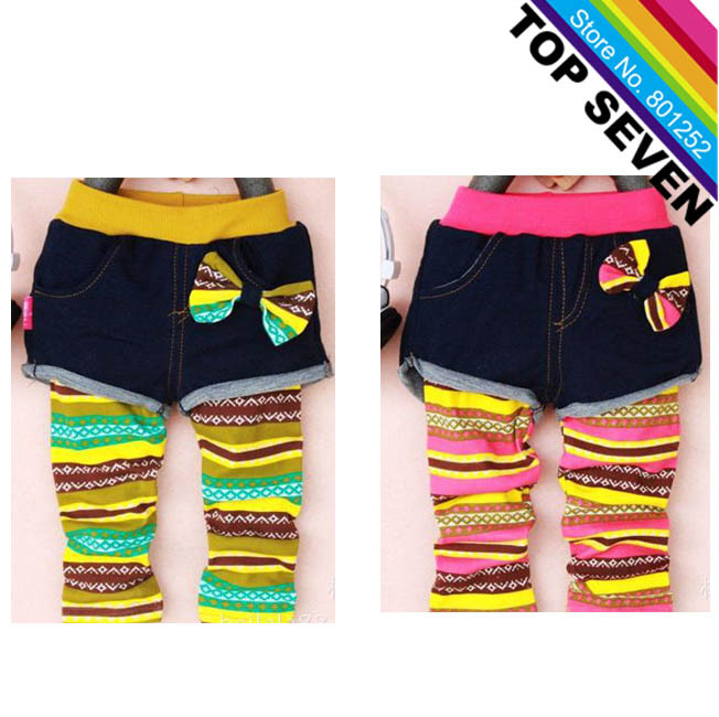 Hot Sale Girls Elastic Waist Pants Oblique Pocket Bow Jeans Kids Capri Pants Stripe Girls Leggings Free Shipping