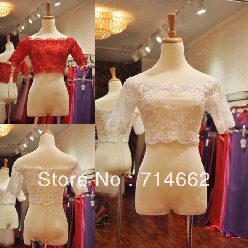 Hot Sale!!!High Quality Custom Made Bateau Short Sleeves Lace Applique Bridal Jacket Wedding Dress