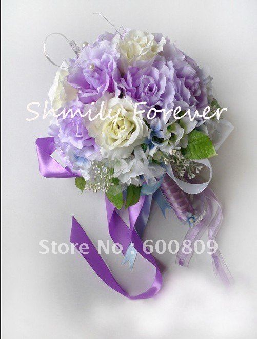 Hot sale!!! Ivory+Purple New Silk Rose Flower Wedding Bouquet,Bridal Bouquet for wedding