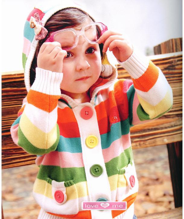 Hot Sale Kids Spring Rainbow Coat  One-breasted Baby Girls Longsleeve Knittedwear Free Shipping