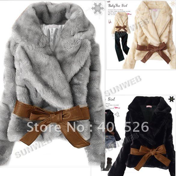 Hot Sale Korea Fashion Faux Fur Rabbit Hair Lady Warm Short Coat Jacket Fluffy Outwear Belted Black, Gray, Apricot 3376