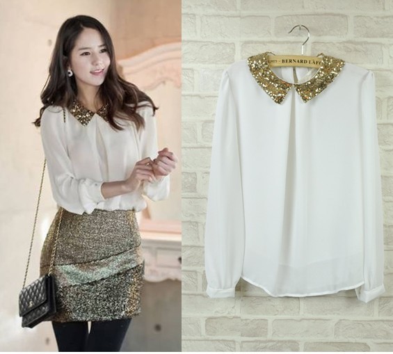 Hot Sale Korean Style Sequin Peter Pan Collar Shirt Puff Long Sleeve Chiffon Blouses Women Fashion Clothing N601