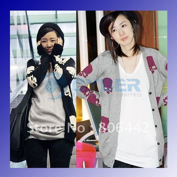 Hot Sale Long Sleeve V-Neck Women Skull cardigan Sweater Knitwear Black/Gray Color Free Shipping
