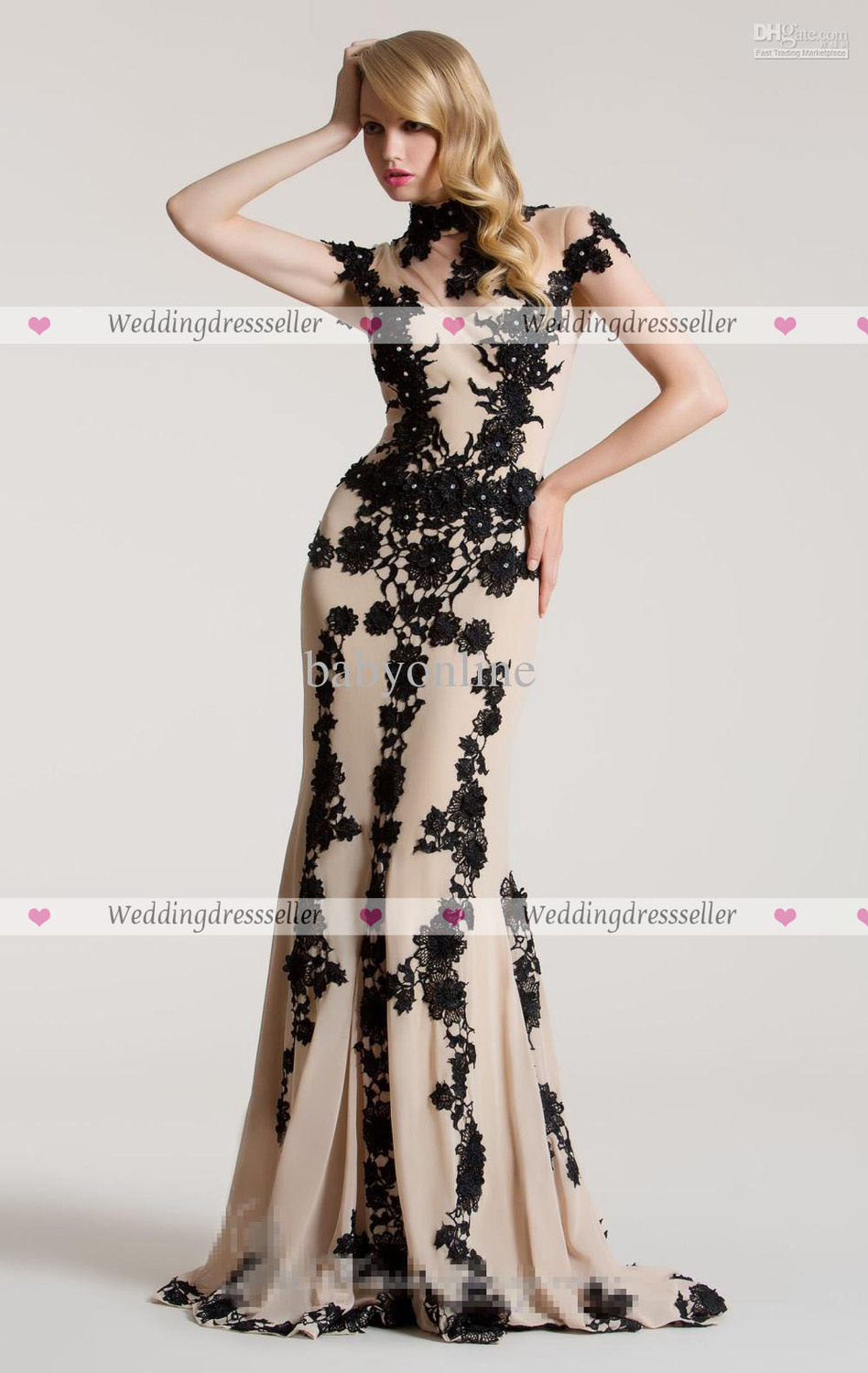 Hot sale!! Mermaid Sheath High Collar Black Applique Evening gowns Celebrity Dress