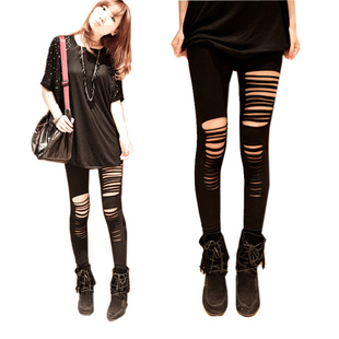 HOT SALE, Modal 2 faux leather irregular hole punk ankle length trousers legging ,Free shipping