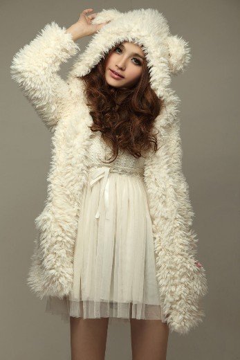 Hot Sale New Arrival Warm Lovely Bear Patterned Woolen Pure Color Hooded Coat Free Shipping White