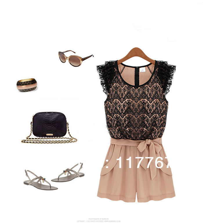 Hot Sale New Chiffon Lace Ruffle Sleeve Round Collor Jumpsuits  2Colors S M L XL Free Shipping 651023-651030