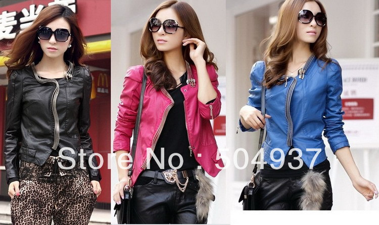 Hot Sale New Design Popular Style Lady Leather denim Coat,Women Motorcycle Jacket,Candy Colours Black Pink Blue