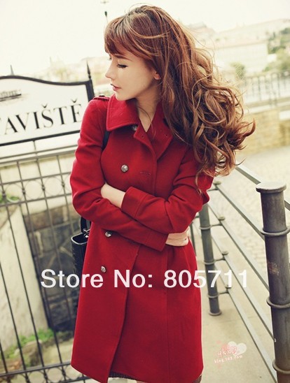 Hot Sale New Fashion Solid Color Navy Blue and Red Turn-down Collar  Double Breasted Woolen Coat Ladies Trench Drop Shipping