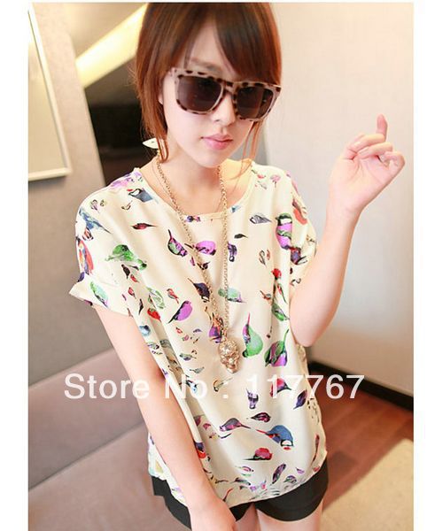 Hot Sale New Women Colorful Birds Chiffon T shirt Batwing Loose Blouse Tee Tops 650948